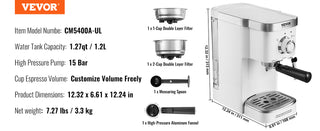 VEVOR Espresso Coffee Machine, 15Bar Semi-Automatic Espresso Maker w/Milk Frothier Steam Wand, Professional Cappuccino Latte Machine with High-Power Boiler & Removable Water Tank, NTC Control System  (Pack of 1) 1ea