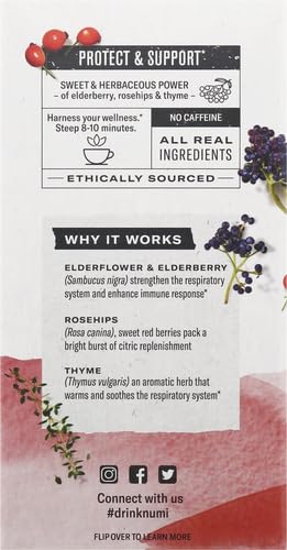 Numi Tea - Organic Herbal Kosher Immune Support Elderflower, Elderberry, Thyme, Dairy-Free, Gluten-Free, GMO-Free, Fair-Trade, Wheat-Free, Yeast-Free Herbal Tea (Case of 6) 16 Tea Bags
