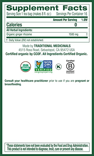 Traditional Medicinals Organic Herbal Kosher & Ginger Non-GMO, Fair-Trade Caffeine-Free Herbal Tea (Case of 6) 16 Tea Bags