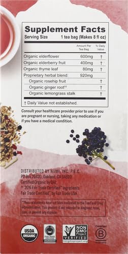 Numi Tea - Organic Herbal Kosher Immune Support Elderflower, Elderberry, Thyme, Dairy-Free, Gluten-Free, GMO-Free, Fair-Trade, Wheat-Free, Yeast-Free Herbal Tea (Case of 6) 16 Tea Bags