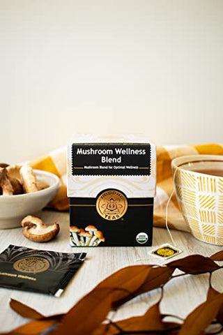 Buddha Teas Organic Kosher Mushroom Wellness Blend w/Functional Mushrooms, Lion's Mane, Cordyceps, Chaga, Reishi & Spearmint Leaf, Lemongrass, Anise Seed, Ginger Root Gluten-Free, Dairy-Free, GMO-Free Caffeine-Free Mushroom Tea (Case of 6) 18 Bags