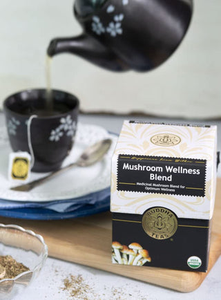 Buddha Teas Organic Kosher Mushroom Wellness Blend w/Functional Mushrooms, Lion's Mane, Cordyceps, Chaga, Reishi & Spearmint Leaf, Lemongrass, Anise Seed, Ginger Root Gluten-Free, Dairy-Free, GMO-Free Caffeine-Free Mushroom Tea (Case of 6) 18 Bags