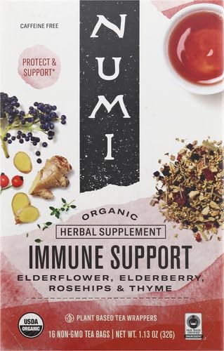 Numi Tea - Organic Herbal Kosher Immune Support Elderflower, Elderberry, Thyme, Dairy-Free, Gluten-Free, GMO-Free, Fair-Trade, Wheat-Free, Yeast-Free Herbal Tea (Case of 6) 16 Tea Bags