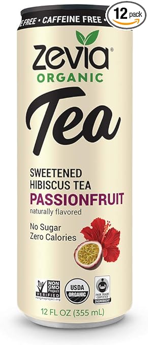 Zevia Organic Herbal Sweet Hibiscus Passion Fruit w/Natural Flavors, Stevia Leaf Extract, Vegan, Wheat-Free, GMO-Free, Kosher, Yeast-Free, No-Sugar, Zero-Calories Caffeine-free Green Tea (Case of 12) 12 Fz Cans