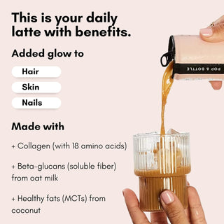 Pop & Bottles Oat Milk Vanilla Lattes - Cold Brew, Marine Collagen, MCT Oil, Oat Milk, Organic, Dairy Free, Gluten Free, Vegan, Great as Iced Coffee, Lightly Sweetened w/Dates Caffeinated Latte (Pack of 12) 8oz Can