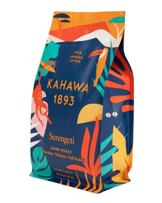 Kahawa 1893 - Serengeti 100% Arabica Dark Roasted Whole Ground Bean Chocolate Molasses Caffeinated Coffee (Case of 6) 12oz Bags