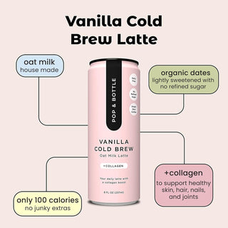 Pop & Bottles Oat Milk Vanilla Lattes - Cold Brew, Marine Collagen, MCT Oil, Oat Milk, Organic, Dairy Free, Gluten Free, Vegan, Great as Iced Coffee, Lightly Sweetened w/Dates Caffeinated Latte (Pack of 12) 8oz Can