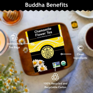 Buddha Teas Organic Herbal Kosher Chamomile Flower w/Sweet & Fruity Taste, For Health Wellbeing w/Antioxidants Minerals, Clean Ingredients, Non-GMO, Caffeine-Free Herbal Tea (Case of 6) 18 Tea Bags