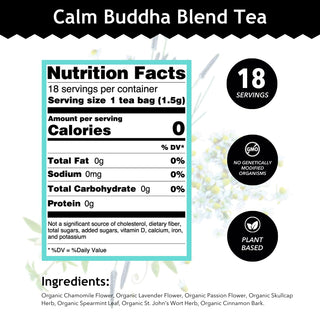 Buddha Teas Organic Kosher Calm Buddha Blend w/Chamomile Flower, Kava Kava Root, Lavender, Skullcap, St. John's Wort, Spearmint, Cinnamon, Wheat-Free, Yeast-Free, Diary-Free, GMO-Free, Caffeine-Free Herbal Tea (Case of 6) 18 Bags