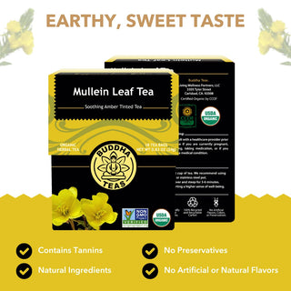 Buddha Teas EU Organic 100% Kosher Herbal, Mullein Leaf w/Fresh Certified Organic Herbs, Antioxidants, Minerals & Vitamin C, for Health & Wellbeing, Bleach Free, Dioxin Free , Plant, Non-GMO Caffeine-Free Herbal Tea (Case of 6) 18 Tea Bags