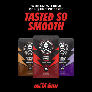 Death Wish Organic Medium Roast Arabica & Robusta Ground Beans w/Notes of Cherry & Chocolate Fair-Trade Single Serve Cup Caffeinated Coffee (Case of 6)10 K-Cup Pods