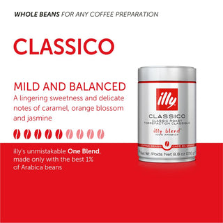 Illy Caffe Coffee 100% Arabica Medium Roast Whole Bean w/Notes of Caramel, Orange Blossom & Jasmine, No Preservatives, Espresso Caffeinated Coffee (Case Of 6) 8.8oz Canister