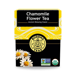Buddha Teas Organic Herbal Kosher Chamomile Flower w/Sweet & Fruity Taste, For Health Wellbeing w/Antioxidants Minerals, Clean Ingredients, Non-GMO, Caffeine-Free Herbal Tea (Case of 6) 18 Tea Bags