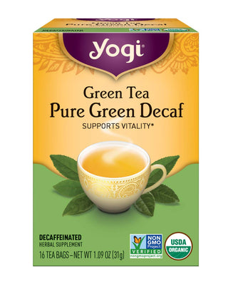 Yogi Organic Herbal Kosher, Pure Green Decaf, Non-GMO, Vegan, Supports Vitality Caffeine-Free Green Tea (Case of 6) 16 Tea Bags