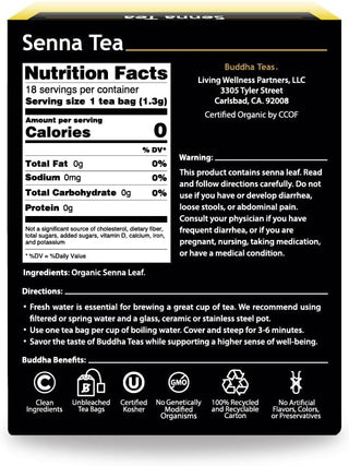 Buddha Teas Organic Herbal Kosher Senna w/Pure Senna Leaf GMO-Free OU Kosher, USDA Organic, CCOF Organic, Bleach-Free Caffeinated Herbal Tea (Case of 6) 18 Tea Bags