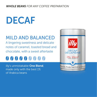 Illy Caffe Coffee Espresso Kosher 100% Arabica Medium Roast Whole Bean w/Notes of Caramel, Toasted Bread & Chocolate Caffeine-Free Coffee (Case of 6) 8.8oz Canister