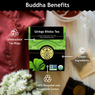 Buddha Teas Organic Herbal Kosher Absolute Ginkgo Biloba w/Herbal Supplements, Vitamin C, for Cognitive Balance & Overall Health Gluten-Free, GMO-Free, Naturally de Caffeine Free Herbal Tea (Case of 6) 18 Tea Bags
