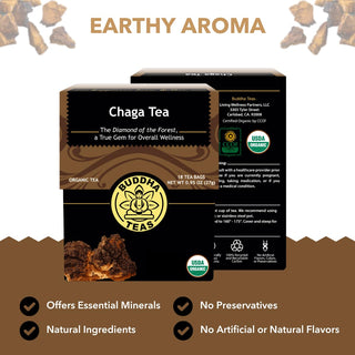 Buddha Teas - Organic Herbal Kosher, Chaga Mushroom Dairy-Free, GMO-Free, Wheat-Free, Yeast-Free Herbal Mushroom Tea (Case of 6) 18 Tea Bags