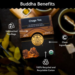 Buddha Teas - Organic Herbal Kosher, Chaga Mushroom Dairy-Free, GMO-Free, Wheat-Free, Yeast-Free Herbal Mushroom Tea (Case of 6) 18 Tea Bags