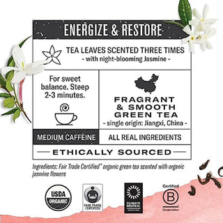 Numi Organic Kosher Jasmine Green w/Hints of Moonlight, Jasmine Flowers GMO-Free, Fair-Trade Certified, Medium Caffeinated Green Tea (Case of 6) 18 Tea Bags