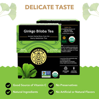 Buddha Teas Organic Herbal Kosher Absolute Ginkgo Biloba w/Herbal Supplements, Vitamin C, for Cognitive Balance & Overall Health Gluten-Free, GMO-Free, Naturally de Caffeine Free Herbal Tea (Case of 6) 18 Tea Bags