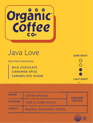 Organic Coffee Company Kosher "Java Love" 100% Arabica Medium Roast Ground Bean w/Milk Chocolate, Cinnamon Spice, Caramelized Sugar, Natural Regular Blend of Latin America Caffeinated Coffees (Case of 6) 12oz Bags