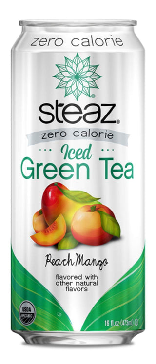 Steaz Organic Kosher, Vegan, Stevia, Zero Calorie Peach Mango Caffeine Green Tea (Case of 12) 16 Fl Oz Cans