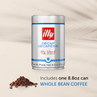 Illy Caffe Coffee Espresso Kosher 100% Arabica Medium Roast Whole Bean w/Notes of Caramel, Toasted Bread & Chocolate Caffeine-Free Coffee (Case of 6) 8.8oz Canister