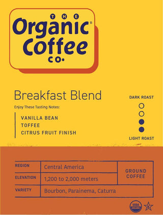 Organic Coffee Company Kosher, 100% Arabica Light Roasted Ground Bean Breakfast Blend w/Vanilla Bean, Toffle, Citrus Fruit Finish  Natural Flavored Fair-Trade Caffeinated Coffee (Case of 6) 12oz Bags