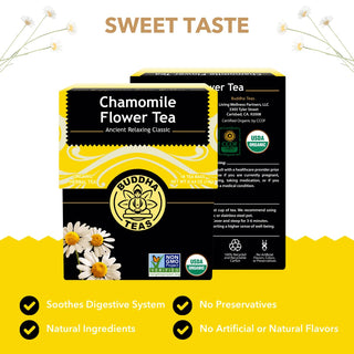 Buddha Teas Organic Herbal Kosher Chamomile Flower w/Sweet & Fruity Taste, For Health Wellbeing w/Antioxidants Minerals, Clean Ingredients, Non-GMO, Caffeine-Free Herbal Tea (Case of 6) 18 Tea Bags