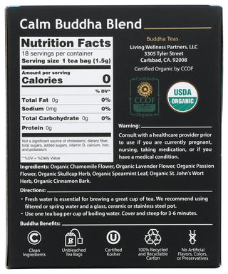 Buddha Teas Organic Herbal Calm Buddha Blend Dairy-Free, w/Chamomile Flower, Lavender, Kava Kava Root, Passion Flower, Skullcap, Spearmint, Cinnamon, St. John's Wort Herbal Wheat Free, Yeast-Free Tea (Case of 6) 18 Tea Bags