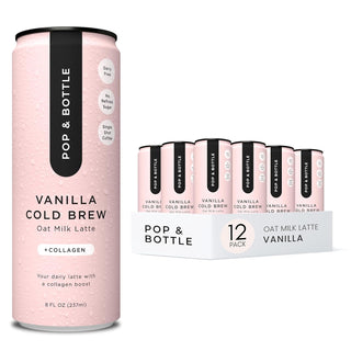 Pop & Bottles Oat Milk Vanilla Lattes - Cold Brew, Marine Collagen, MCT Oil, Oat Milk, Organic, Dairy Free, Gluten Free, Vegan, Great as Iced Coffee, Lightly Sweetened w/Dates Caffeinated Latte (Pack of 12) 8oz Can