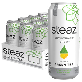 Steaz Organic Herbal Kosher Half & Half w/Lemonade Flavor, Stevia, Zero Calorie Caffeine Vegan, Fair-Trade, Green Tea (Case of 12)16 Fl Oz Cans