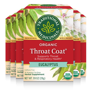 Traditional Medicinals Organic Herbal Throat Coat Eucalyptus w/Eucalyptus Leaf, Licorice Root, Spearmint Leaf, Marshmallow Root, Slippery Elm Bark, Licorice Root Dry Aqueous Extract 6:1 Caffeinated Herbal Tea (Case of 6) 16 Tea Bags