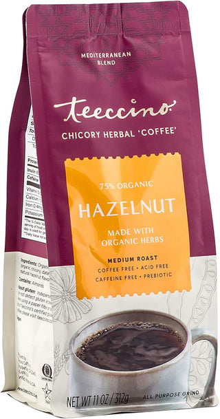 Teeccino Organic Herbal Kosher-Parve Chicory Mediterranean Hazelnut w/Carob, Barley, Dates, Almonds, Figs, Natural Flavor, Medium Roast Grind Caffeine-Free Coffee Alternative (Case of 6) 11oz Bags