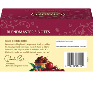 Celestial Seasonings Herbal Kosher Black Cherry Berry w/Blended Hibiscus, Rosehips, Roasted Chicory, Blackberry Leaves, Hawthorn, Cherries Other Natural Flavors Caffeine-Free Herbal Tea (Case of 6) 20 Tea Bags