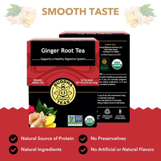 Buddha Teas Organic Herbal Kosher Ginger Root, Rich in Essential Vitamins, Minerals, Antioxidants, Health, Wellbeing, Non-GMO, Yeast-Free Caffeine-Free Herbal Tea (Case of 6)18 Tea Bags