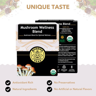 Buddha Teas Organic Kosher Mushroom Wellness Blend w/Functional Mushrooms, Lion's Mane, Cordyceps, Chaga, Reishi & Spearmint Leaf, Lemongrass, Anise Seed, Ginger Root Gluten-Free, Dairy-Free, GMO-Free Caffeine-Free Mushroom Tea (Case of 6) 18 Bags