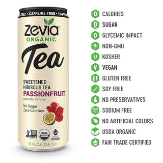 Zevia Organic Herbal Sweet Hibiscus Passion Fruit w/Natural Flavors, Stevia Leaf Extract, Vegan, Wheat-Free, GMO-Free, Kosher, Yeast-Free, No-Sugar, Zero-Calories Caffeine-free Green Tea (Case of 12) 12 Fz Cans
