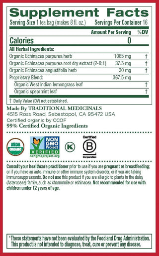 Traditional Medicinals Organic Herbal Kosher Echinacea Plus w/Herbal Supplements, Echinacea Roots, Gluten-Free, GMO-Free, Caffeine-Free Herbal Tea (Case of 6) 16 Tea Bags