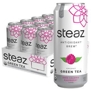 Steaz Kosher, Vegan, Raspberry, Zero Calorie Caffeine Green Tea (Case of 12) 16 Fl Oz Can