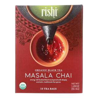 Rishi Organic Tea - Masala Chai w/Ginger Root, Cinnamon, Black Pepper, Cloves & Cardamom, Naturally Spiced Caffeinated Black Tea (Case of 6) 15 Tea Bags