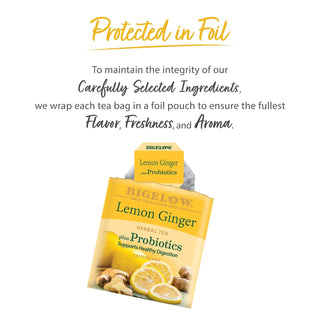 Bigelow Tea Herbal Premium Classic Plus Lemon Ginger w/Probiotic BC-30, Lemongrass, Lemon Peel, Lemon Verbena, Rosehip, Cinnamon Green Tea (Case of 6) 18 Caffeine-Free Tea Bags