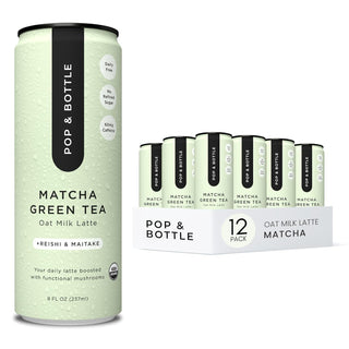 Pop & Bottle, Oat Milk Lattes - Organic Matcha w/Functional Mushrooms Reishi & Maitake MCT Oil, Organic, Dairy Free, Gluten Free, Lightly Sweetened w/Dates, Fair-Trade Caffeinated Green Tea Latte (Pack of 12) 8oz Can