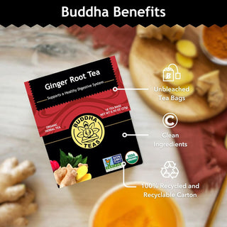 Buddha Teas Organic Herbal Kosher Ginger Root, Rich in Essential Vitamins, Minerals, Antioxidants, Health, Wellbeing, Non-GMO, Yeast-Free Caffeine-Free Herbal Tea (Case of 6)18 Tea Bags