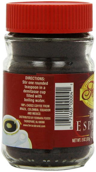 Ferrara Instant Espresso 100% Medium Roast Choice Robusta & Arabica Ground Beans w/Richness of Chocolate, Gluten-Free, GMO-Free Concentrated Caffeinated Coffee (Case of 12) 2oz Jar