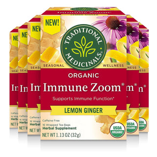 Traditional Medicinals Organic Herbal Immune Zoom, Ginger Lemon, Ginger Spice, Mild Spice, Non-GMO, Echinacea, Caffeine-Free Herbal Tea (Case of 6) 16 Tea Bags