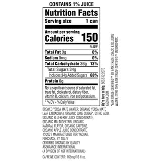 Yachak Organic Yerba Mate Berry Blue Plant-Based Energy, Non-GMO Project Certified, Gluten Free Fair-Trade Caffeinated Green Tea (Case of 12) 16oz Can