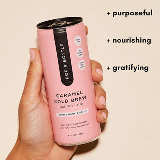 Pop & Bottle, Organic Oat Milk Lattes - Caramel Cold Brew w/Functional Mushrooms - Lion's Mane & Reishi, MCT Oil, Dates, Single Shot, Lightly Sweetened w/Dairy Free, Gluten Free & Great as Cold Brew Iced Caffeinated Coffee (Pack of 12) 8oz Can