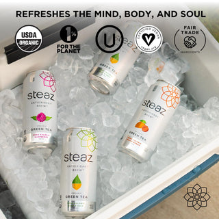 Steaz Organic Herbal Kosher Half & Half w/Lemonade Flavor, Stevia, Zero Calorie Caffeine Vegan, Fair-Trade, Green Tea (Case of 12)16 Fl Oz Cans
